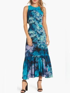 Maggy London Teal and Aqua Floral Maxi Dress - Size 12